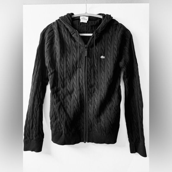 Lacoste Women’s Cable Knit Zip-Up Hoodie Cardigan, Cotton, Black, Sz 44 (=Large) - Picture 7 of 10